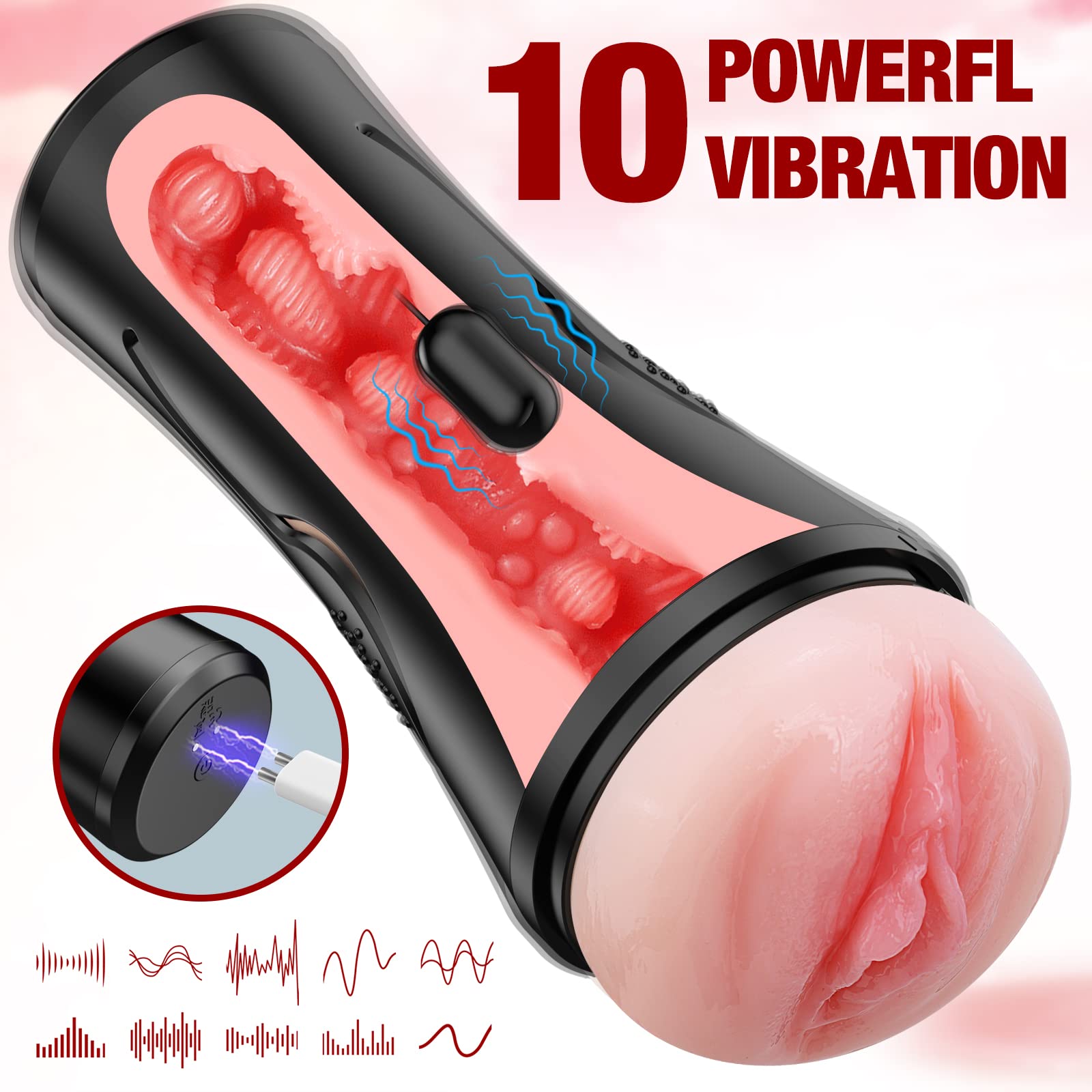 Mens Sex Toys Male Masturbator, Vibrating Masturbator Squeezable Pocket Pussy for Men with 7.5" Depth Lifelike Textured Vagina, Plump and Soft Fleshy Masturbating Stroker Toys, Adult Sex Toys for Men